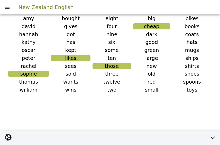 A matrix of sentences, with some words already selected.